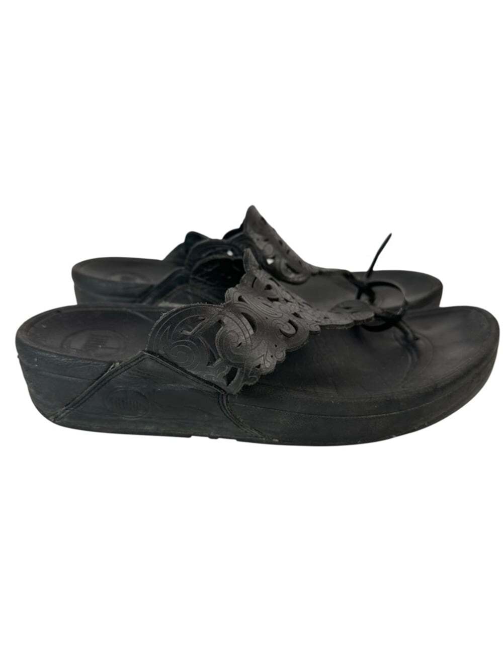 FitFlop Flora Black Leather Comfort Wedge Thong Sandals Womens 8 Casual